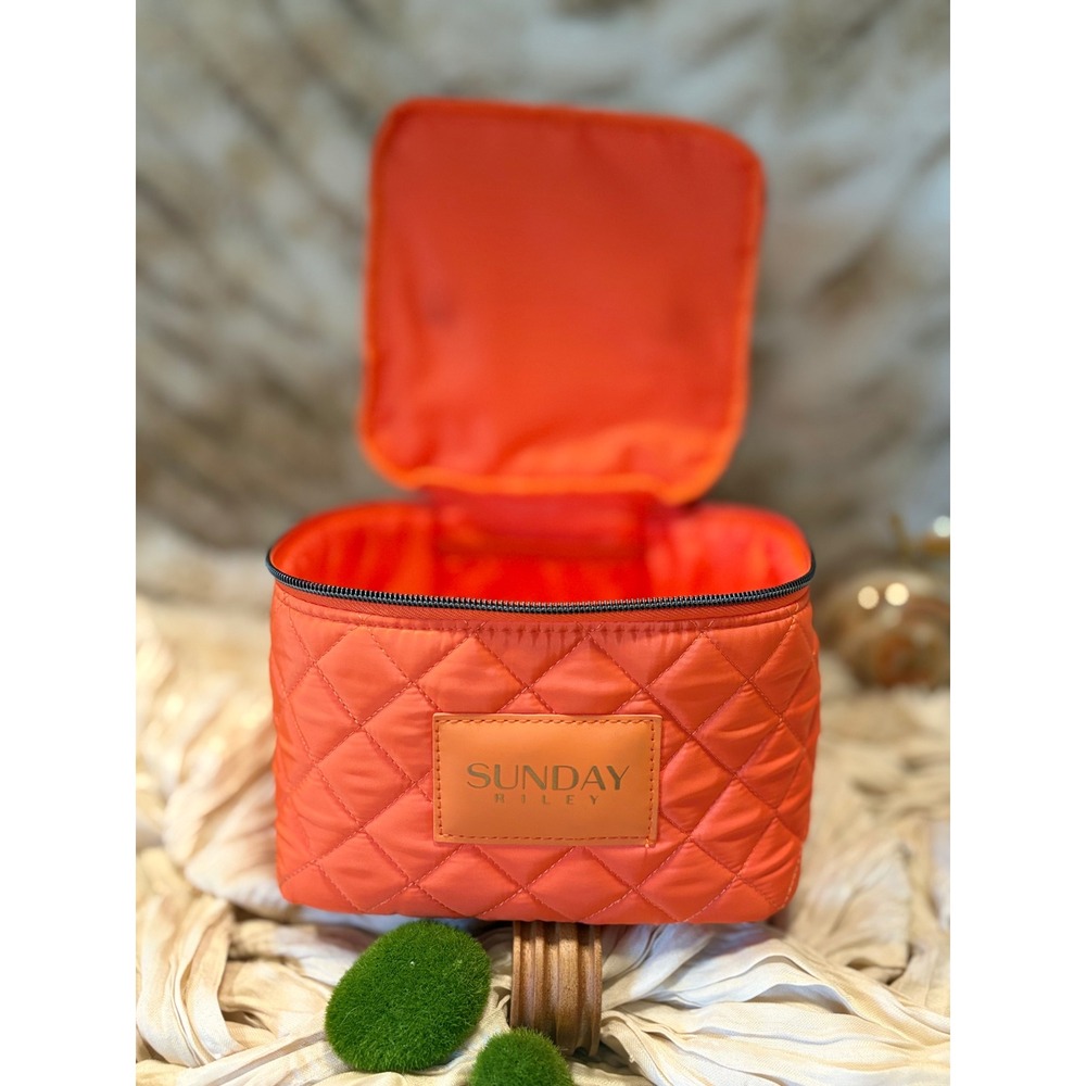Sunday Riley Orange Quilted Nylon Travel Makeup Bag Vanity Case‎ Zip Closure